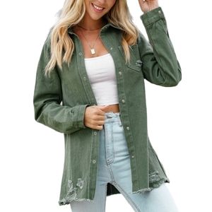 Distressed Denim Button Jacket (M) Army Green
